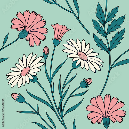Vector art of a vibrant floral pattern showcasing a mix of daisies and carnations with lush green foliage against a refreshing teal background, ideal for adding a touch of nature to designs