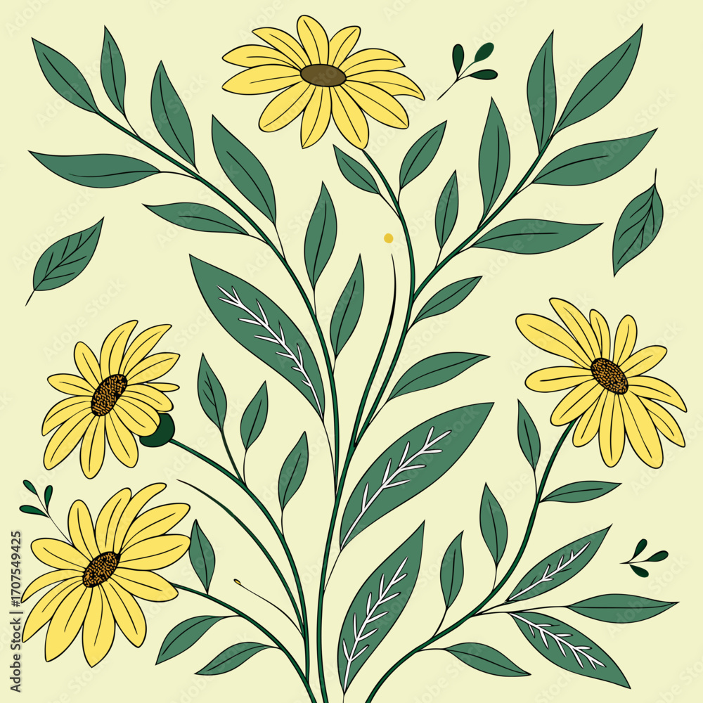 Fototapeta premium Vector art of botanical bliss a square composition of yellow daisy flowers and verdant leaves, creating a cheerful and vibrant floral arrangement that captures the essence of natures beauty
