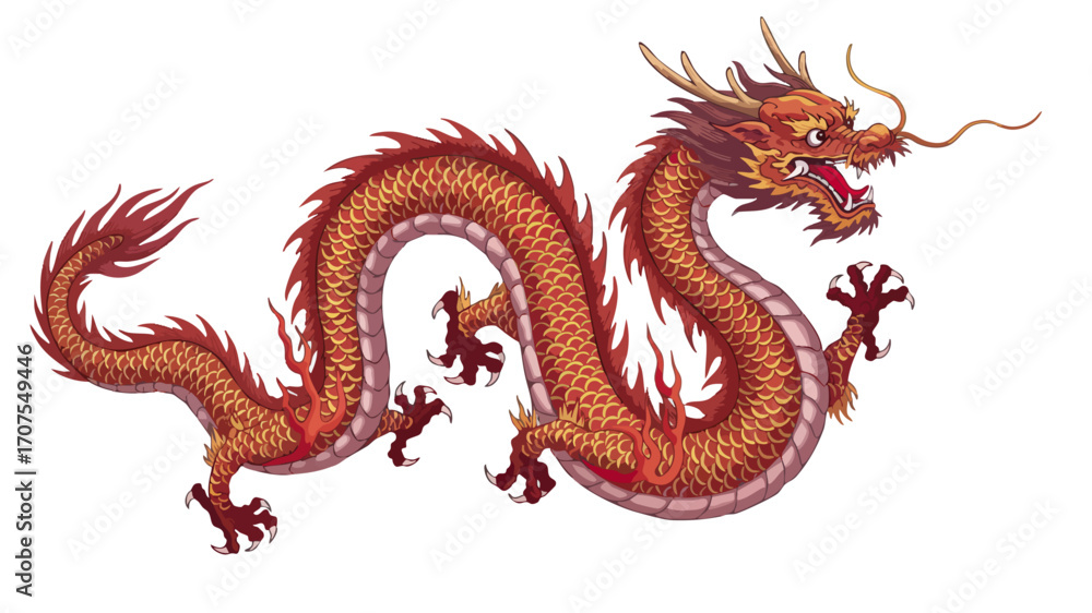 Fototapeta premium A majestic red Chinese dragon with detailed scales and horns.