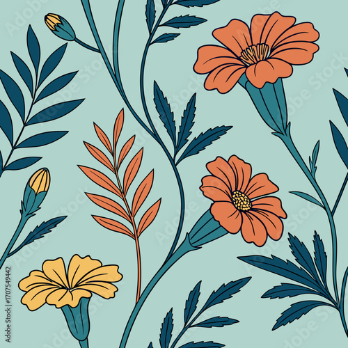Vector art of floral fantasy a seamless pattern of orange marigold flowers and bluegreen leaves, creating a whimsical and enchanting botanical design for textiles and backgrounds