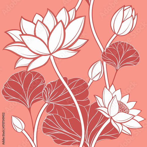 Vector art of elegant illustration of lotus flowers and leaves on a coral background, showcasing a botanical pattern with a touch of floral grace and a vintage aesthetic