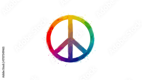 A colorful rainbow peace symbol with a watercolor splatter effect isolated on a plain white background.
