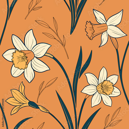 Vector art of seamless pattern with daffodils on orange background, vintage floral design with narcissus flowers, retro botanical print, elegant spring textile, hand drawn vector illustration