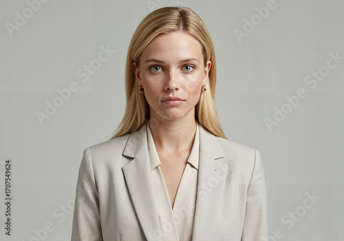 Young woman in beige suit posing confidently against neutral background  