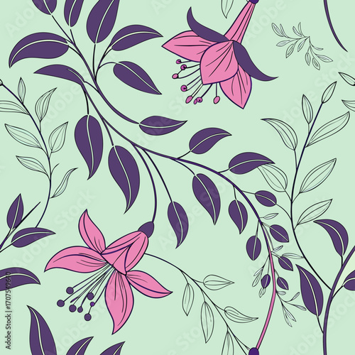 Vector art of a captivating seamless pattern showcases delicate pink fuchsias with intricate line art on a serene green backdrop, creating a visually appealing floral design