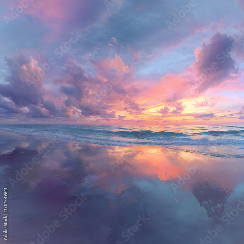 Tropical Ocean Water at Sunset with Colorful Pink and Purple Sky  