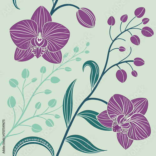 Vector art of an elegant seamless pattern features purple orchids with intricate line art on a soft green backdrop, creating a visually appealing and harmonious floral design