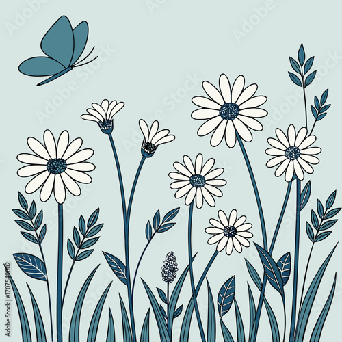 Vector art of a delightful illustration showcases a serene field of daisies with a butterfly gracefully fluttering above, creating a peaceful and charming scene, perfect for spring and summer designs