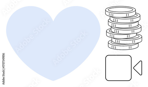 Blue heart, coins symbolize wealth, and recording icon represents media. Ideal for finance, love, media, charity, economy digital content marketing. Minimalist flat metaphor