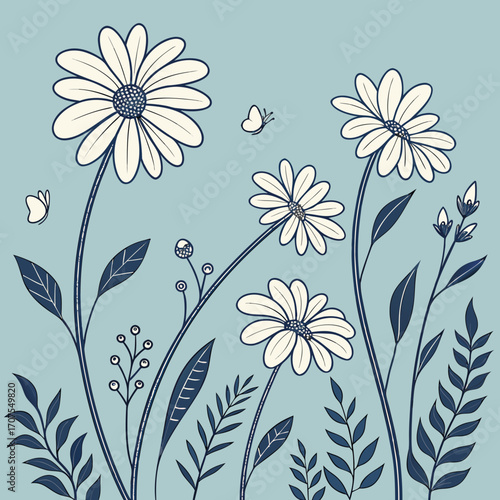 Vector art of delicate floral pattern showcasing daisy flowers and fluttering butterflies in a gentle, handdrawn style, set against a soft blue background for a calming, natureinspired aesthetic