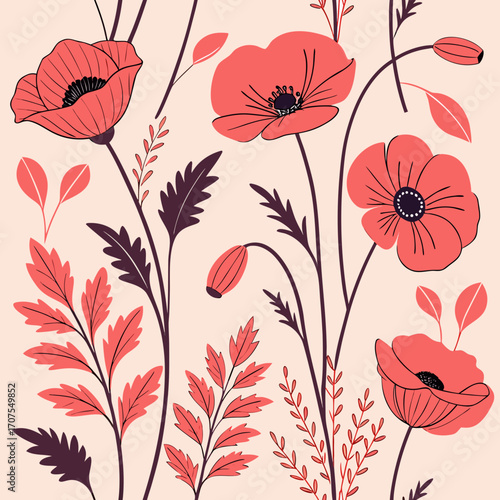 Vector art of elegant floral pattern with red poppies, delicate leaves, and graceful stems, creating a vibrant and eyecatching design, perfect for adding a touch of nature to any project