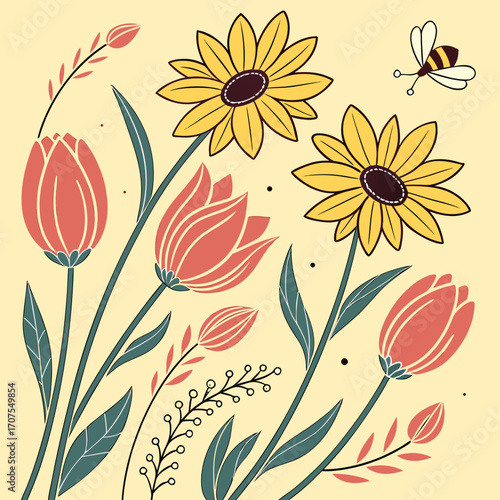 Vector art of charming floral composition showcasing sunflowers, tulips, and a buzzing bee against a gentle yellow background, evoking a sense of springtime bliss and natural beauty