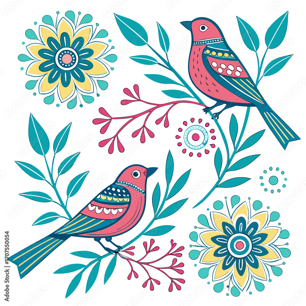 Fototapeta premium Vector art of two birds perched on a branch surrounded by flowers and leaves, creating a vibrant and whimsical folk art illustration the design is colorful and cheerful