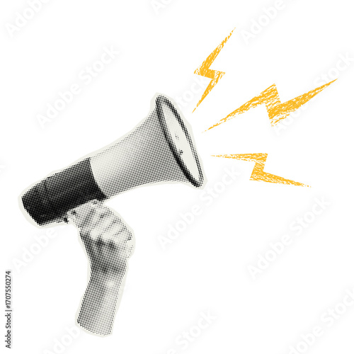 Vector cut out hand holding loudspeaker. Trendy retro element with a halftone effect for collage, poster, banner, cover design.