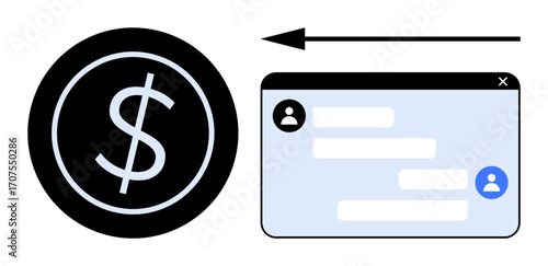 Dollar sign beside a chat window indicating financial transaction or payment. Ideal for fintech, banking, transactions, messaging apps, e-commerce, payment services, SaaS platforms, simple landing