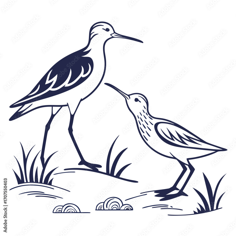 Obraz premium Illustration of two sandpipers, one adult and one juvenile, perfect for nature guides, educational materials, or coastalthemed designs, line art