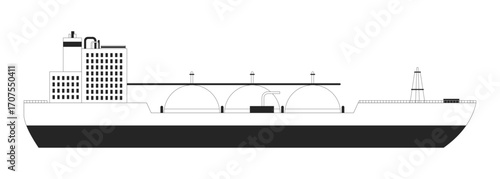 LNG tanker ship 2D line object. Liquefied natural gas carrier marine transport with spherical storage tanks, industrial modules isolated clipart vector ink outline item. Monochrome spot illustration