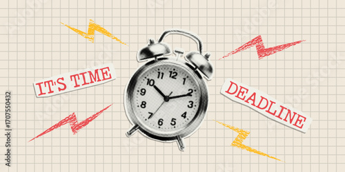 Vintage paper alarm clock in halftone effect. Collage concept time, time management, deadline.