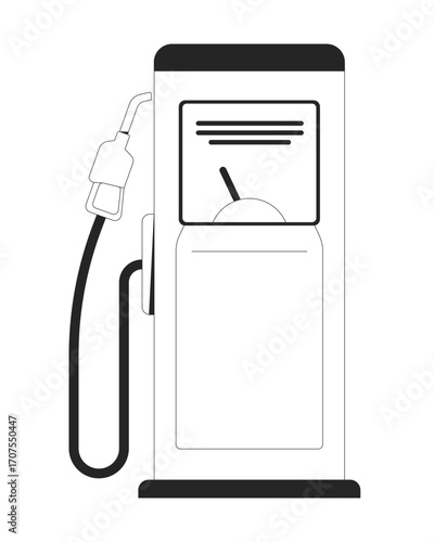 Fuel pump dispenser for gasoline and diesel 2D line object. Petrol station. Gas refueling equipment with nozzle and digital gauge isolated clipart vector ink outline item. Monochrome spot illustration