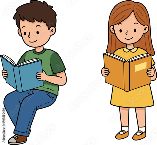 Cartoon Boy and Girl Reading Books – Cute Children Studying Together, Sitting and Standing, Isolated Vector Illustration for Education Use