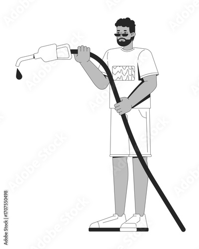 Black man holding fuel nozzle with gasoline drop 2D line character. African american guy in casual clothing petrol refueling isolated vector ink outline person. Monochromatic spot illustration