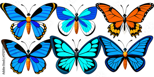 A collection of 16 realistic butterflies in various poses and angles, including top view with wings open, side views in mid-flight, and resting positions. Each butterfly has a unique wing shape and si