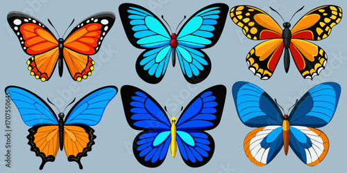 A collection of 16 realistic butterflies in various poses and angles, including top view with wings open, side views in mid-flight, and resting positions. Each butterfly has a unique wing shape and si