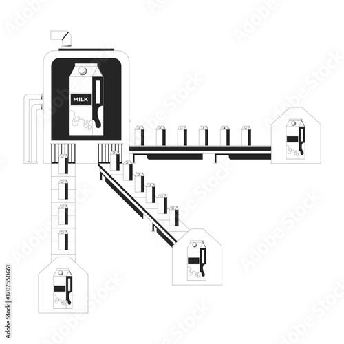 Milk monopoly production line illustration concept. Centralized system distributing dairy cartons. Single supplier in market outline 2D composition isolated. Ink linear metaphor vector art