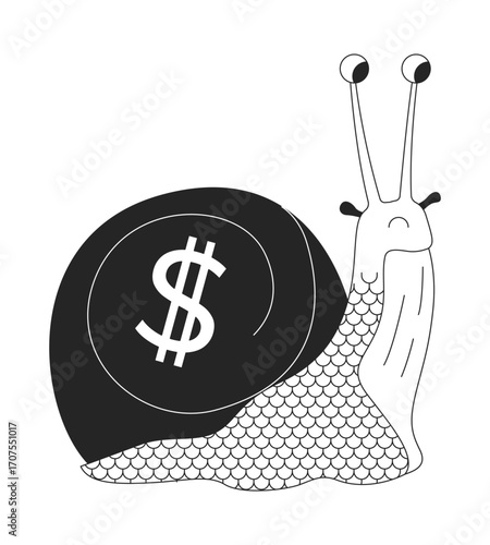 Slow economy line illustration concept. Snail with dollar shell. Economic slowdown. Financial stagnation. Sluggish mollusk crawling outline 2D character isolated. Ink linear metaphor vector art