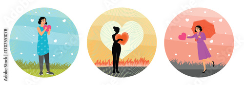 Feeling Self Love. Silhouette of Woman Holding Heart. Woman with Umbrella Holding Heart.