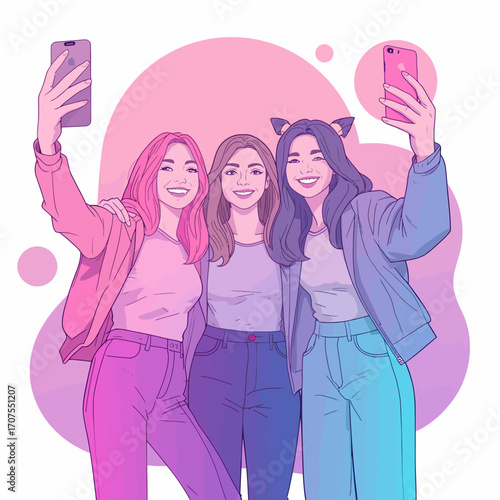 Vibrant illustration of happy young female friends taking a selfie with their smartphones. A depiction of modern friendship, social media connection, and joyful moments captured together