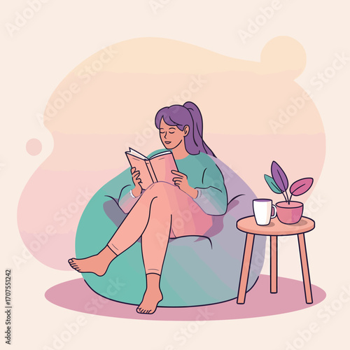 Young woman relaxing at home on a comfortable beanbag chair while reading a favorite book, enjoying a quiet moment of leisure and self-care