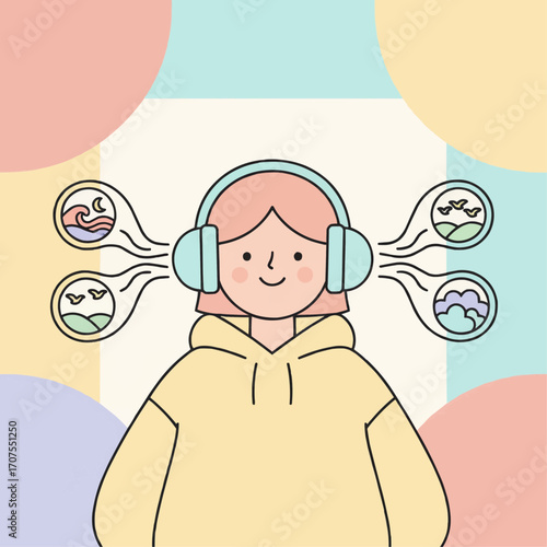 A person wearing headphones, with sound waves transforming into peaceful nature scenes like oceans and birds.