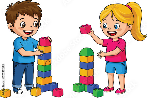 Happy boy and girl building colorful block towers together, developing motor skills, creativity, teamwork, and learning through fun indoor activity