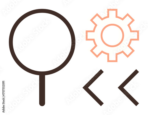 Magnifying glass, gear, and code brackets signify analysis, settings, and development concepts. Ideal for search, web development, SEO software innovation digital tools problem-solving. Simple