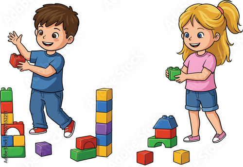 Happy boy and girl building colorful block towers together, developing motor skills, creativity, teamwork, and learning through fun indoor activity