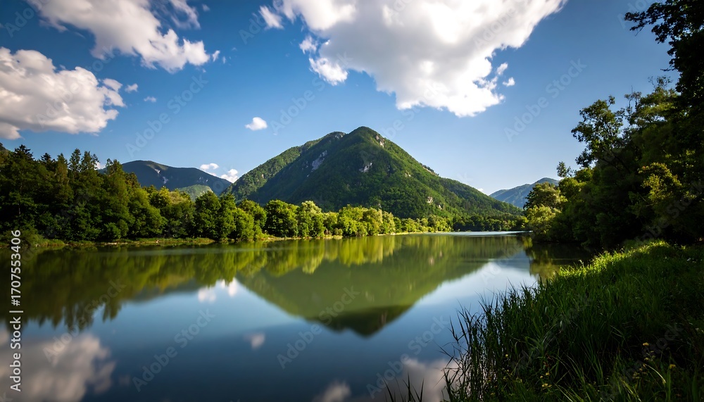 Fototapeta premium Scenic mountain lake reflected in still water under a partly cloudy sky