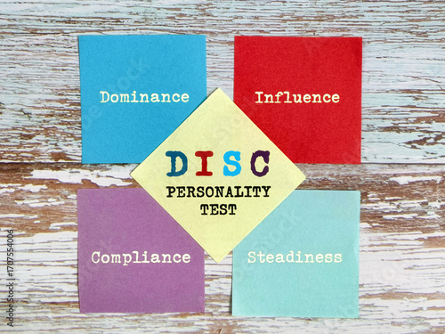 Disc(dominance, influence, steadiness, compliance) personality test on notepaper background. Stock photo.