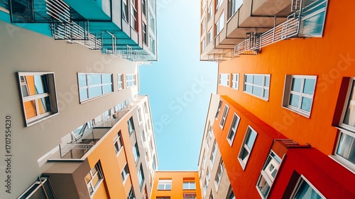Colorful apartment buildings, looking up