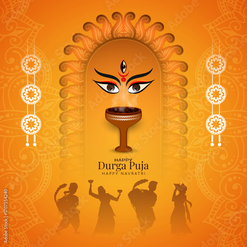 Happy Durga Puja and navratri cultural Indian festival greeting card