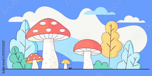 A collection of realistic Amanita muscaria mushrooms growing in a natural forest setting. The mushrooms have bright red caps with distinctive white spots and thick white stems. Some are fully grown wh