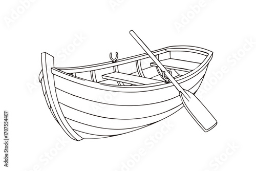Black and white outline of a wooden rowboat with paddle, nautical vector illustration.