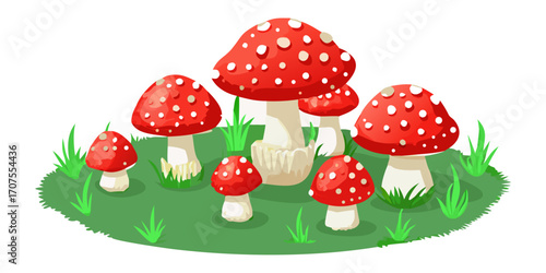 A collection of realistic Amanita muscaria mushrooms growing in a natural forest setting. The mushrooms have bright red caps with distinctive white spots and thick white stems. Some are fully grown wh