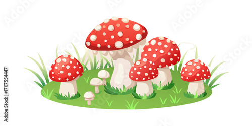 A collection of realistic Amanita muscaria mushrooms growing in a natural forest setting. The mushrooms have bright red caps with distinctive white spots and thick white stems. Some are fully grown wh
