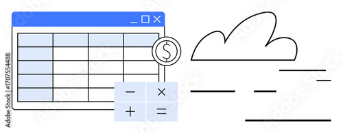 Spreadsheet interface paired with calculator symbols and dollar sign for cloud-based financial calculations. Ideal for business, finance, accounting, analytics, budgeting, data entry, simple landing