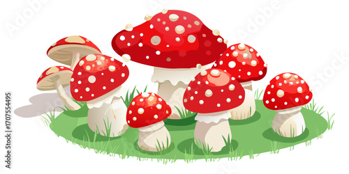 A collection of realistic Amanita muscaria mushrooms growing in a natural forest setting. The mushrooms have bright red caps with distinctive white spots and thick white stems. Some are fully grown wh