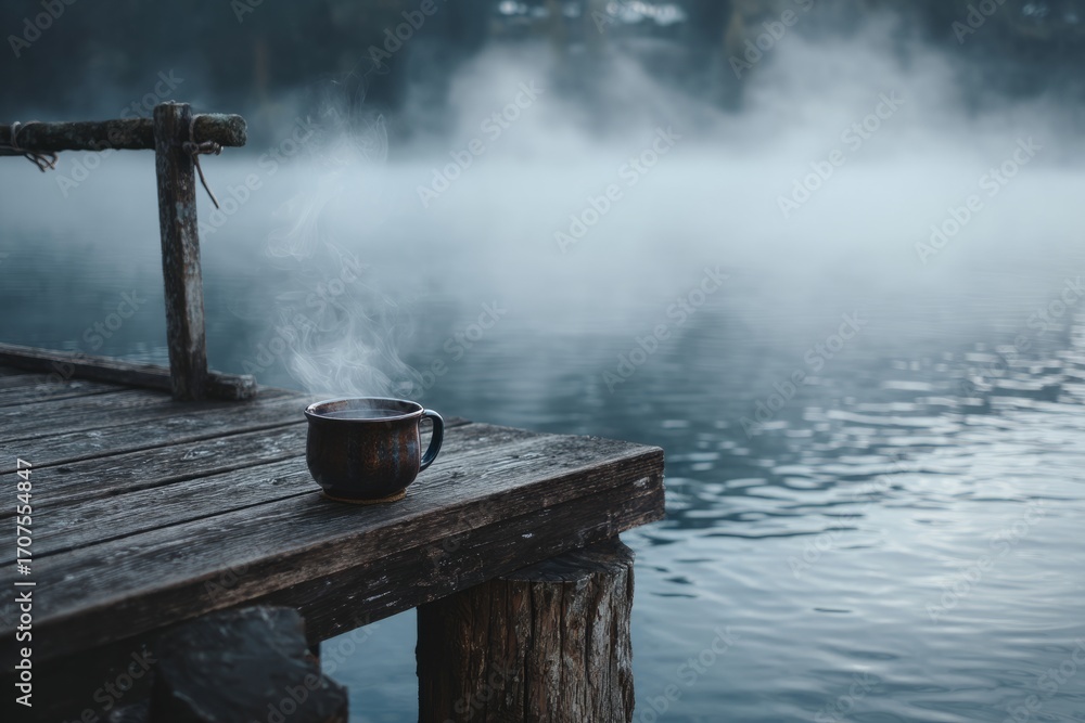 Obraz premium A serene lakeside dock with a steaming cup of herbal tea placed on a wooden post. Mist drifts over the water. The mood feels quiet and meditative