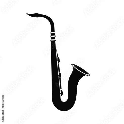 Black silhouette of a saxophone on a clean white background