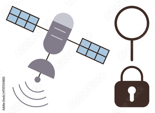 Satellite emitting signals, magnifier symbolizing discovery, and padlock reflecting secure data. Ideal for technology, cybersecurity, exploration, innovation, network security, connectivity global