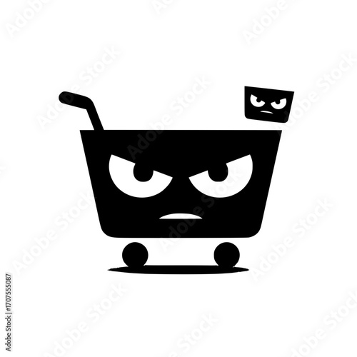 Shopping cart with small annoyed face icon for emotion themed retail vector illustration